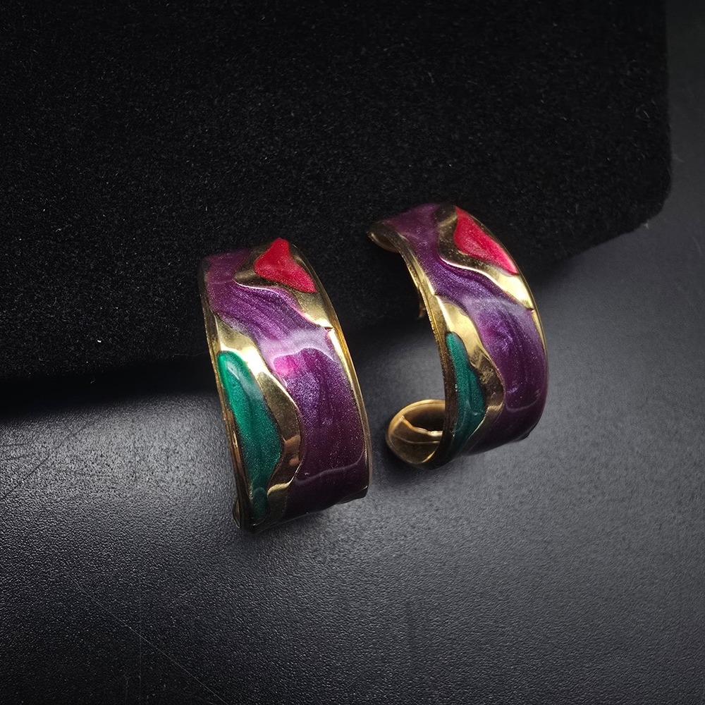 Colorful 1980s Clip On Hoop Earrings Pink Purple Green Gold Tone
